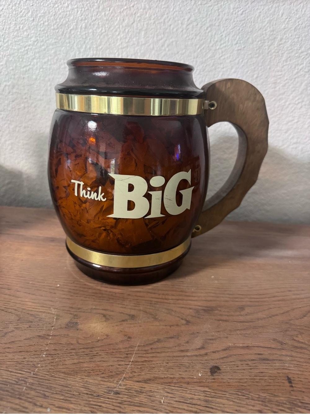 Think Big Amber Glass Barrel Mug with Wooden Handle